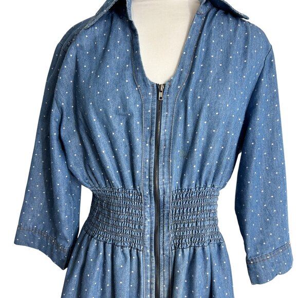 J Glee Blue Chambray Size XL Dress Polka Dot Zip Front Elastic Waist Tab Sleeves - Picture 3 of 12